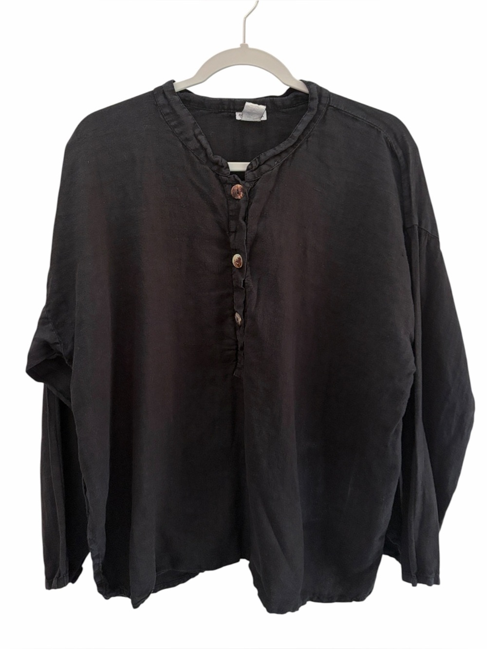 VTG Match Point USA 100% Linen Lagenlook Black Button-Front Long-Sleeve Shirt L